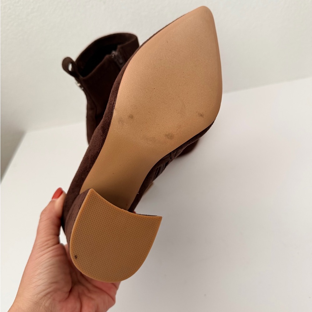 Steve Madden Falona Brown Stretch Moleskin Heeled Ankle Booties sz 7 Pointed Toe - Picture 5 of 7